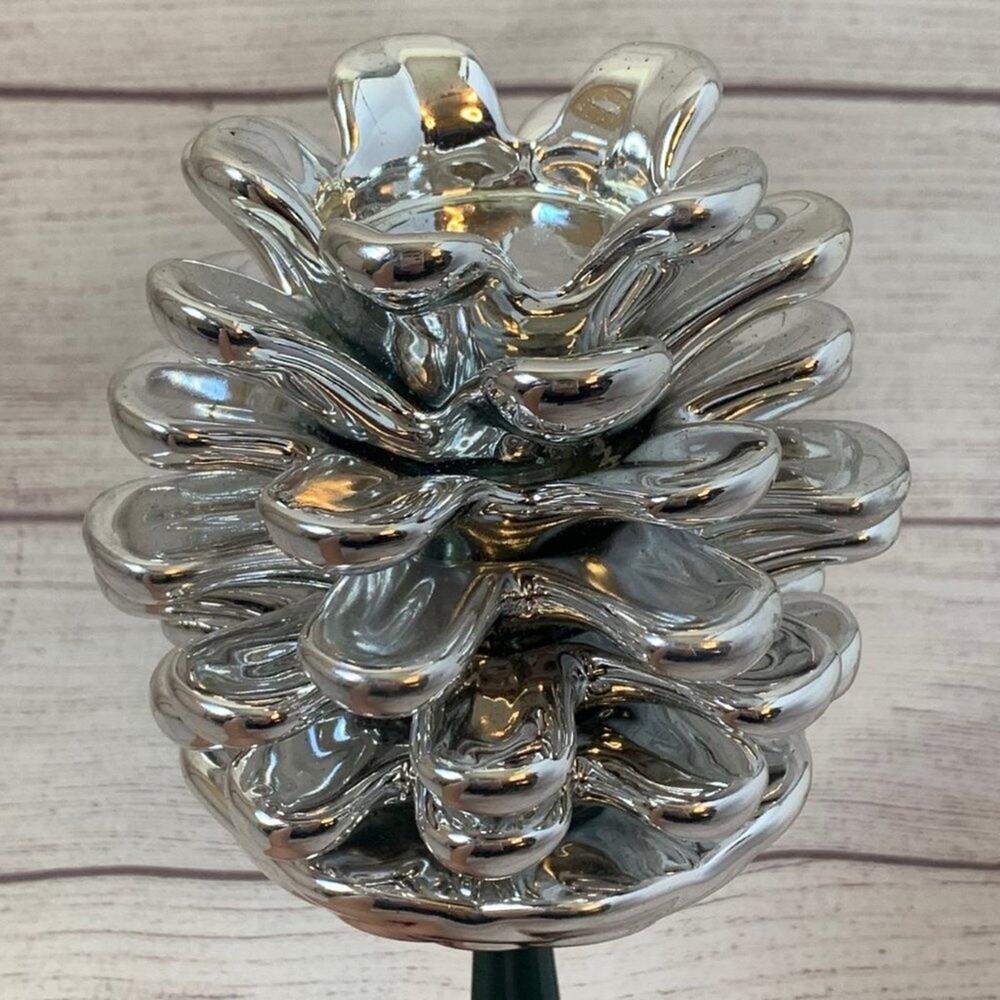 Silver Metal Pinecone Green Planter Stick Christmas Holiday Rustic Winter